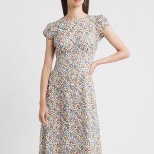 Doen Floral Midi Dress in Red, Blue, and Cream - size M